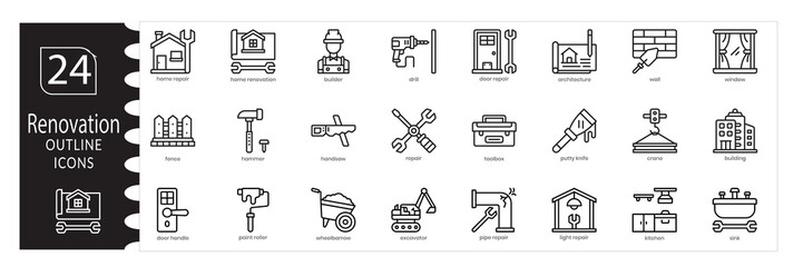 Renovation, Construction and Tools Icon Set, Home Renovation Badges and Icons Collection, Home Improvement Badges Set: Toolbox, Hammer, Drill, Wrench Icons