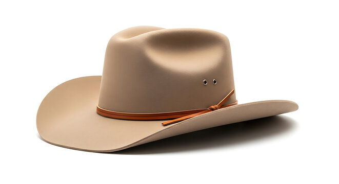 A stylish tan cowboy hat with a brown leather band and string accent, perfect for western wear and fashion statements