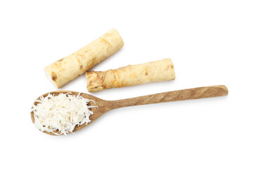 Grated horseradish and roots isolated on white, top view