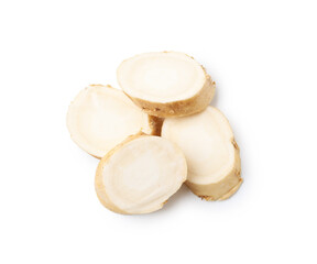 Fresh raw horseradish roots isolated on white, top view