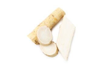 Fresh raw horseradish roots isolated on white, top view