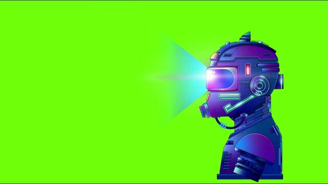 Futuristic neon robot helmet . sci-fi hallmate animated in green back ground video .