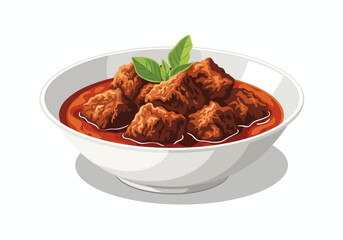 An appetizing vector illustration featuring tender cubes of beef stew simmered in a rich, spicy red gravy, served in a clean white bowl and elegantly garnished with fresh green basil leaves