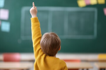 Eager Learner's Ascent: An enthusiastic young scholar, filled with curiosity, raises his hand to participate in a classroom discussion, showcasing the pursuit of knowledge.
