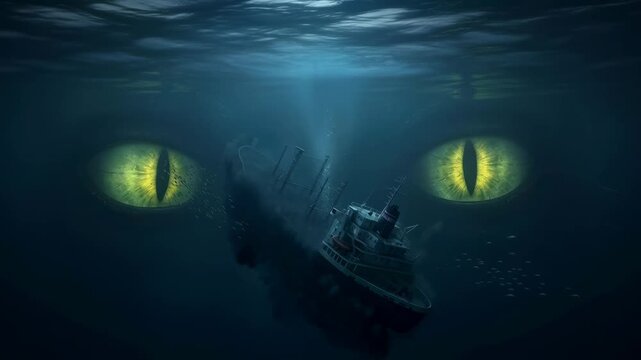 Giant sea monster eyes watching an old sinking ship with light and air bubbles underwater animation