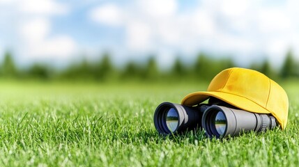 Explore the wilderness with binoculars and a bright hunting cap resting on lush green grass under a clear blue sky