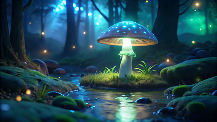 Fantasy mushroom in the forest at night. 3D Rendering