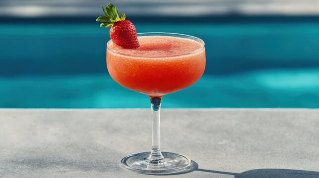 A glass of strawberry daiquiri garnished with a strawberry and a sprig of mint, served poolside