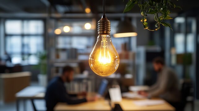 Inspiring office space with bright light bulb illuminating creative co-workers fostering innovation and teamwork in a modern workspace environment - Powered by Adobe