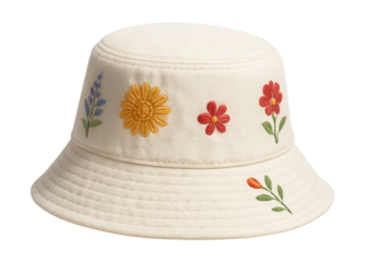 Embroidered cotton bucket hat with a wide brim for sun protection.