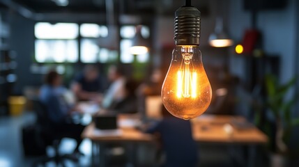 Bright idea lightbulb shines in a collaborative workspace, fueling innovation and teamwork for a successful business venture in a modern office