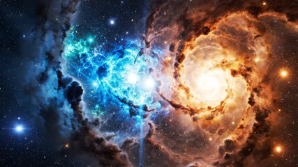 Vibrant nebula glows with contrasting blue and orange hues in deep space, showcasing cosmic beauty and the vastness of the universe.
