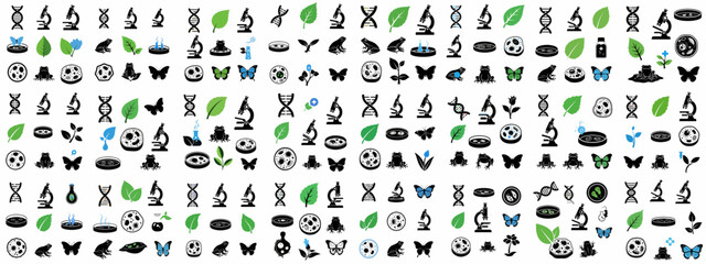 Seamless repeating pattern of biology and life science icons including DNA strands, microscopes, cells, plants, frogs, and butterflies.
