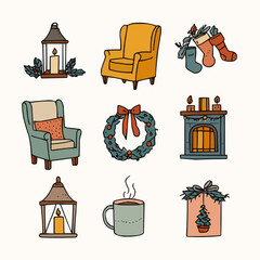 Set of Christmas home objects doodle clipart including candle lantern, stocking, wreath, holly, armchair, fireplace, ornament box, lights and cocoa mug for holiday packaging and decor