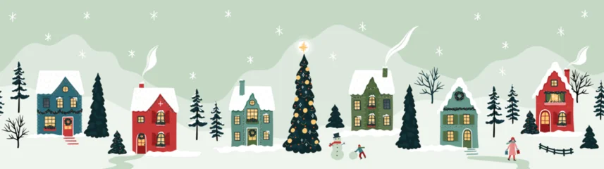 Rolgordijnen Kinderkamer Cute hand drawn seamless Winter landscape with happy people playing, shopping, walking, Vector horizontal banner winter wonderland  © TALVA