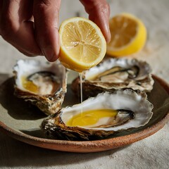 Hand squeezing fresh lemon juice onto raw oysters on a plate seafood shellfish