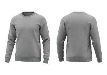 Two blank heather gray fleece crewneck pullover sweatshirts displayed front and back view floating on a transparent background in high-key light, e-commerce apparel template mockup