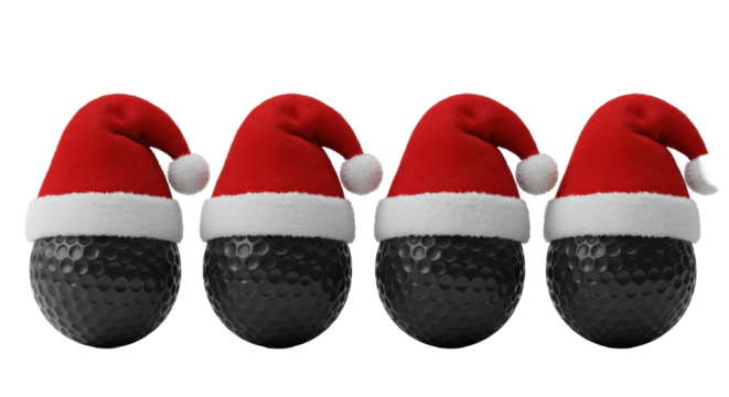 Macro product shot of four matte black golf balls with tiny red velvet santa hats, detailed dimples, on a seamless infinity white background. Concept for golf christmas merchandise - Powered by Adobe