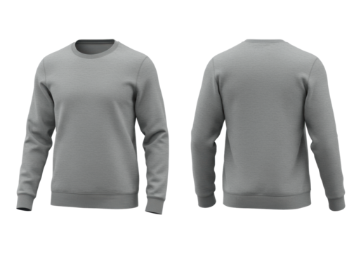 Two blank heather gray fleece crewneck pullover sweatshirts displayed front and back view floating on a transparent background in high-key light, e-commerce apparel template mockup