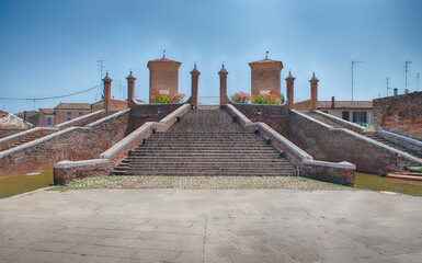 View over the Trepponti Bridge, iconic landmark in Comacchio, Italy