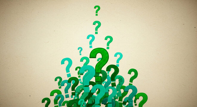 Group of green and turquoise question mark symbols, forming a cluster. Symbolizes uncertainty, doubt, inquiry and exploration, ideal for business concepts.