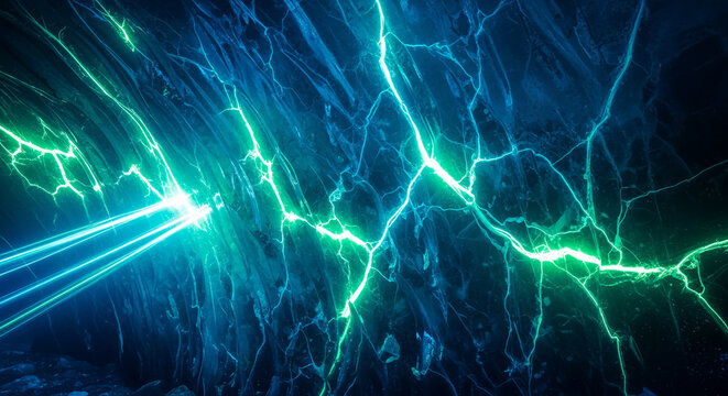 Abstract of vibrant, blue-green streaks resembling lightning, set against a dark texture, suggesting power, energy and modern digital concepts
