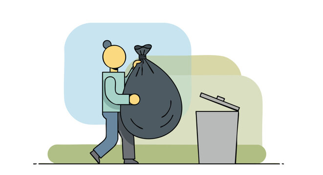 Person Carrying a Heavy, Tied-Up Garbage Bag Towards an Open Trash Can.