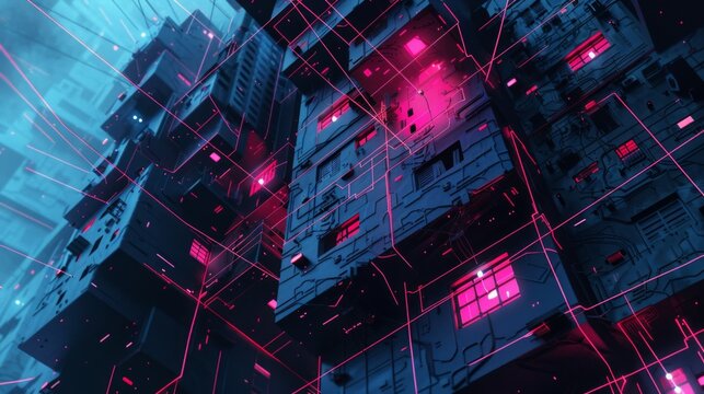 Abstract illustration background of houses connected by wires entangled cyberpunk