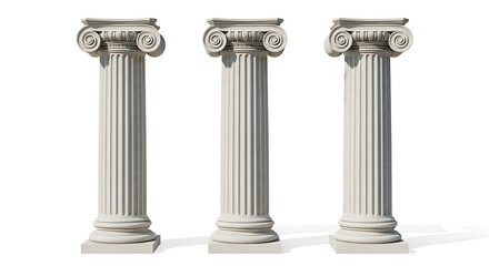 Three classical marble columns with intricate capital designs showcasing architectural strength and historical elegance against a bright white background