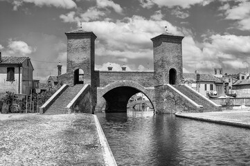 View over the Trepponti Bridge, iconic landmark in Comacchio, Italy