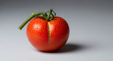 A single tomato with water droplets and a vertical cut on a plain background in a studio setting
