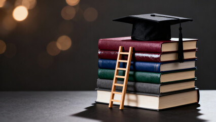 Graduation Cap on Stack of Books with Mini Ladder in a Library Setting