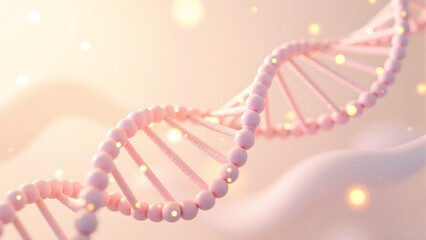 soft pink DNA helix with glowing particles on a clean minimal background, ideal for science concepts.
