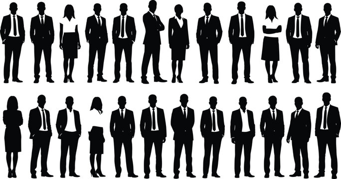 Black Silhouette Set of Business People, Professionals, and Corporate Office Workers Standing in Suits and Formal Attire Vector.