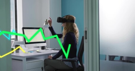 Woman putting on VR headset in office pointing and pinching animated graphs analyzing business data - Powered by Adobe