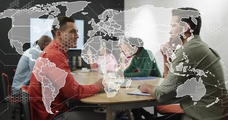 Left man starting talk, men debating business plan while map overlay appearing showing global scope - Powered by Adobe
