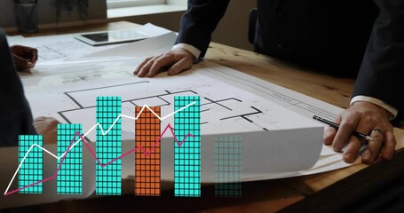 Planners unrolling architecture plans on wooden table, pen marking initiating animated chart growth