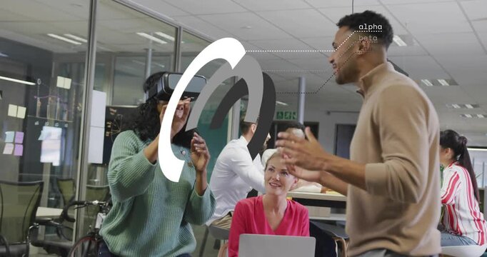 Woman putting on VR headset and interacting in tech demo, presenter guiding with animated rings