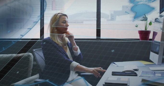 Mature woman tapping keyboard and lifting pen, causing animated global grid mapping business data - Powered by Adobe