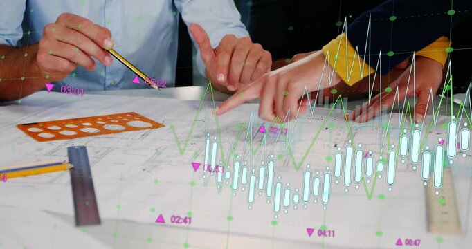Team leaning over plan, pencil tapping, pointing, reviewing as finance charts intersecting gestures
