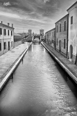 View over the Trepponti Bridge, iconic landmark in Comacchio, Italy