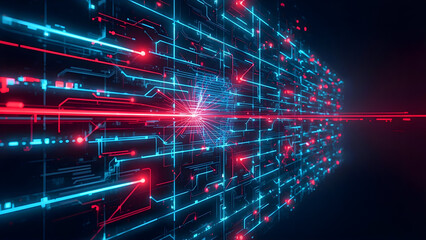 Abstract digital circuit board with neon blue and red lights