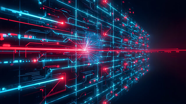 Abstract digital circuit board with neon blue and red lights - Powered by Adobe