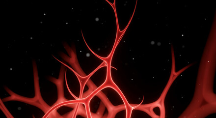 Abstract rendering of connected, red, branching structure against black backdrop with particles, suggesting connection, network, and scientific visualization