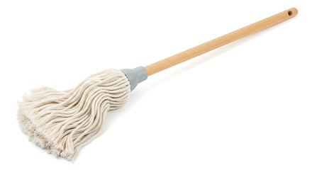 A wooden-handled string mop with a white cotton head, perfect for cleaning floors and surfaces