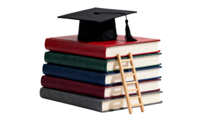 Graduation Cap on Stack of Books with Small Ladder