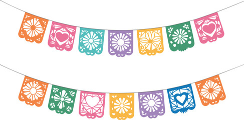 Colorful papel picado banner garlands with decorative cut-out designs perfect for Mexican fiestas, Día de los Muertos celebrations and festive holiday decorations