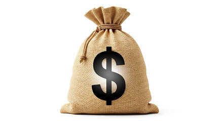 A traditional burlap money bag featuring a prominent dollar sign, symbolizing wealth, financial growth, and secure investments against a pure white background