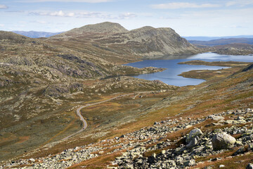  Sunlit Gaustatoppen Hillscape Overlooking Summer Road Scene in Norway, Serene Mountain Summit, Main Road, Lush Greenery, Clear Blue Sky, Sunny Afternoon, Breathtaking Panorama, Norwegian Landscape,