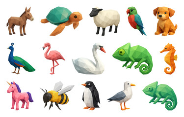 Fototapeta premium PNG Colorful low-poly animal collection, element set on transparent background